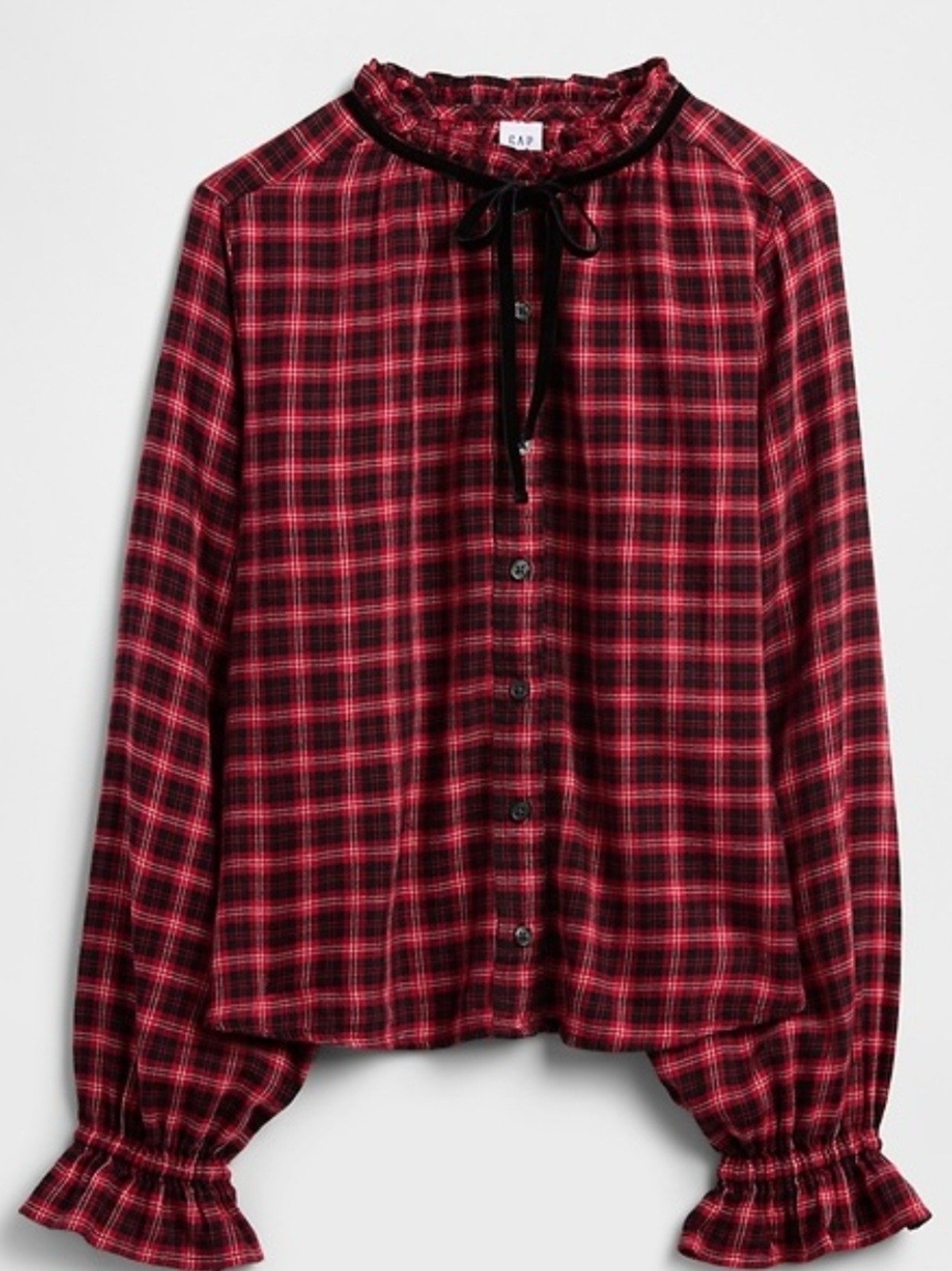 Gap Plaid Ruffle Cuff Baloon Sleeves Cotton Blouse Red & Black Sz XXL Relaxed
